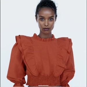 NWT Zara Ruffled Poplin Crop Top Shirt In Brick